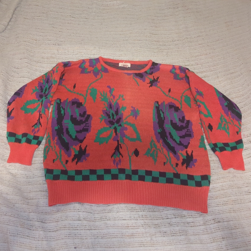 Junior Exchange Vintage Red Multicolor Floral Printed Acrylic Sweater Size Large